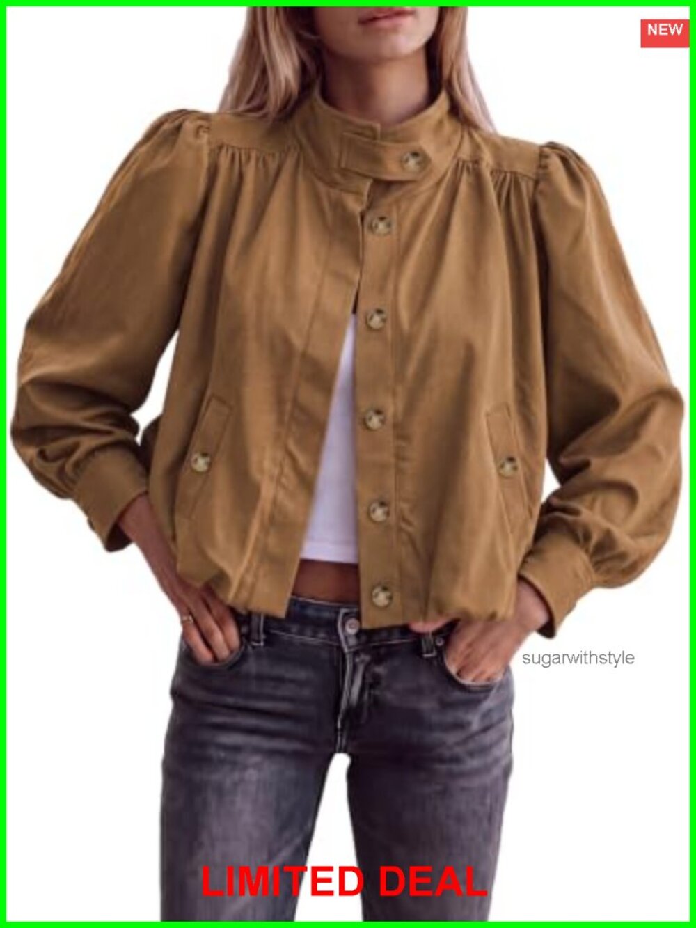 Lightweight Cropped Jacket Balloon Sleeve Casual Coat